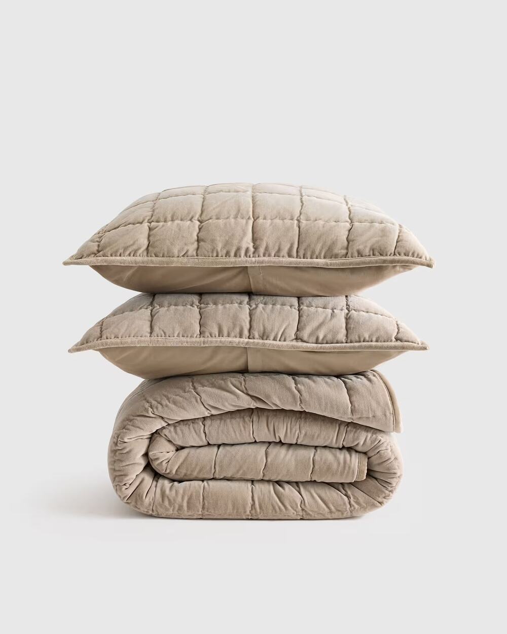 Quince Cotton Velvet Box Quilt Set Light Taupe Neutral Sand King Cal King $284